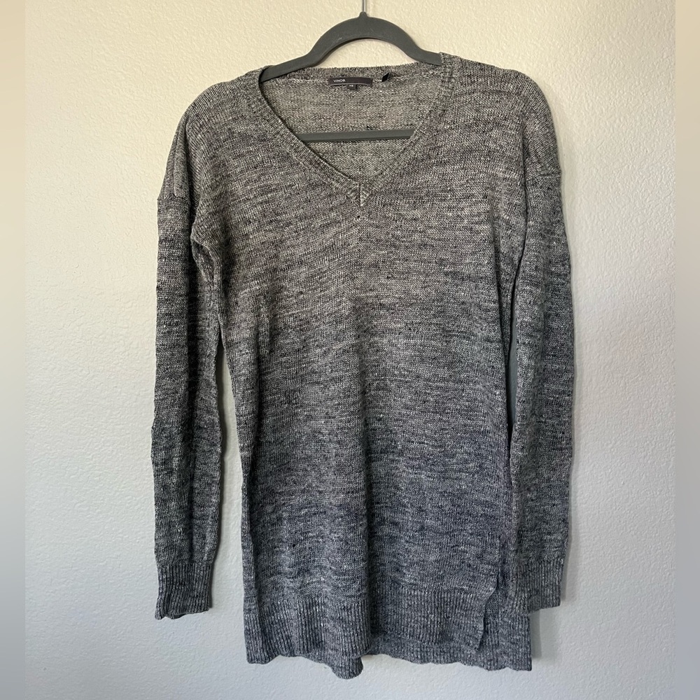 Vince V Neck Heather Grey Linen Sweater with Side Slit Women’s Size XS